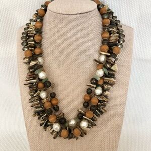 Boho Beach 3 strand Sea Shell necklace statement wood metal stones faux pearls